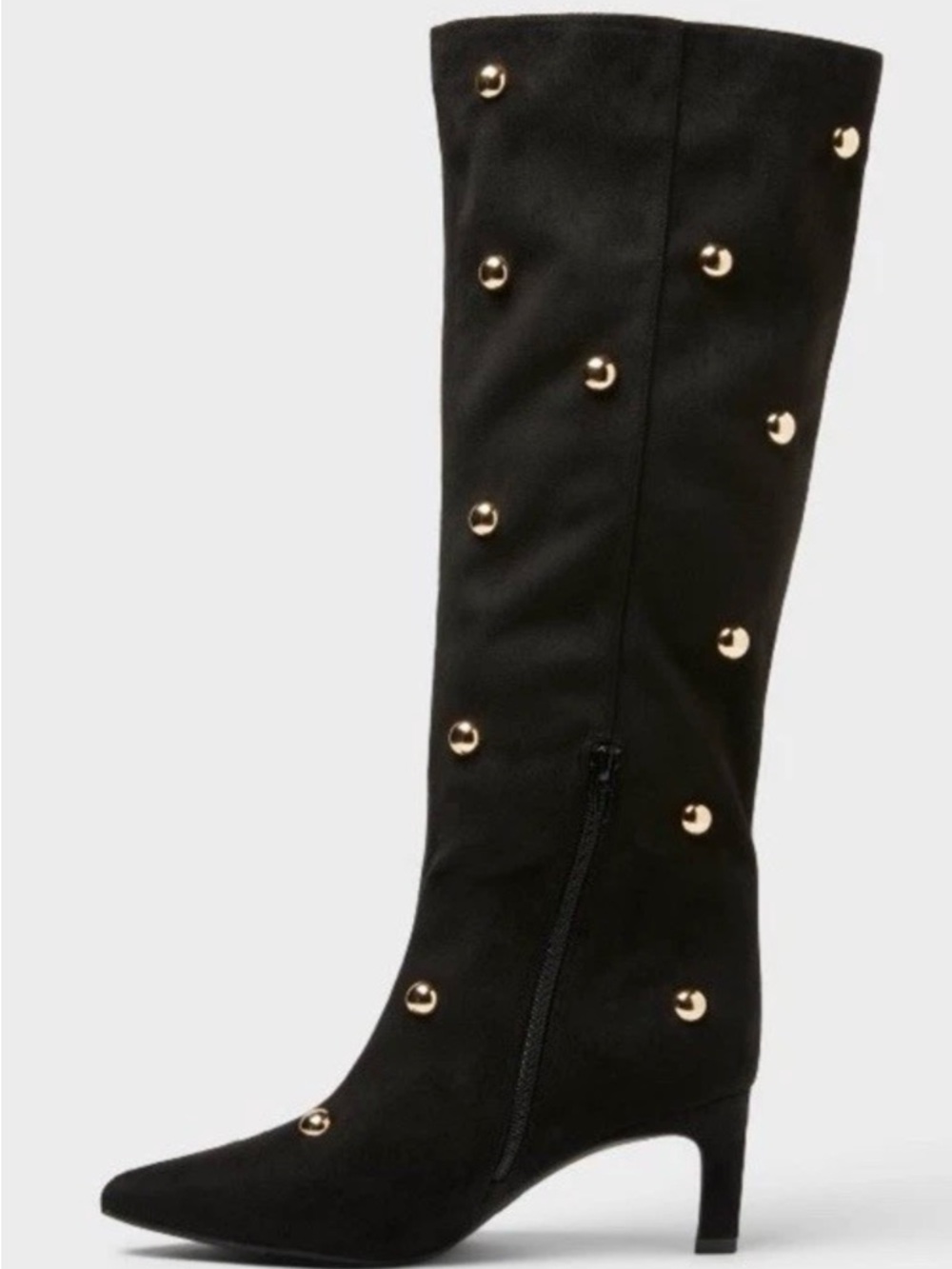 Black Studded Knee-High Pointed Toe Boot - Picture 2 of 4